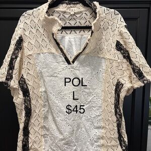 POL Cream and Black Lace Women's Blouse